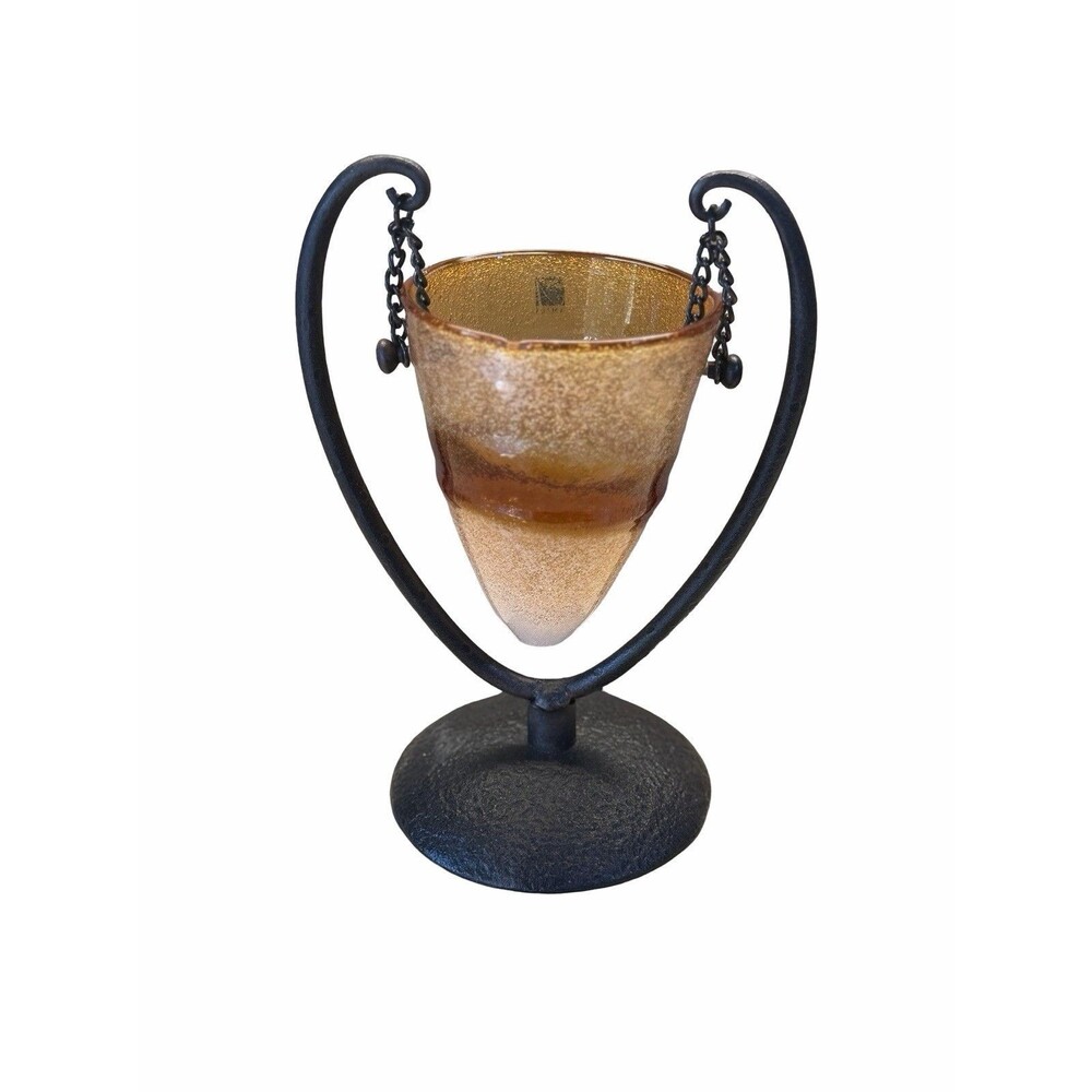 Vintage Amici Hand Blown Amber Bubble Glass Cone Vase Hanging Wrought Iron Stand